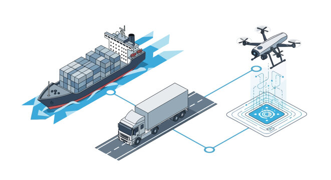 Isometric Smart Logistics and Supply Chain Management Illustration featuring Cargo Ship, Semi Truck, and Autonomous Delivery Drone for Global Trade and Shipping.