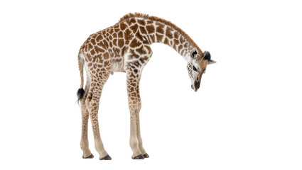 Isolated baby giraffe, a young calf standing and looking down in a full body studio shot © Iura