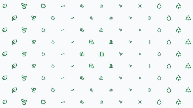 Mint green looping recycling icon background with diverse symbols scattered randomly across white backdrop in clean eco awareness poster