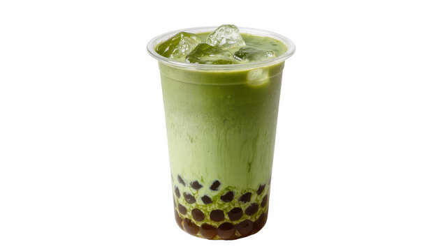 Isolated vibrant green matcha bubble tea with dark tapioca pearls and refreshing ice cubes