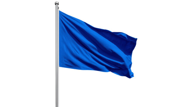 Isolated vibrant blue flag flying proudly on a shiny chrome flagpole in a strong breeze