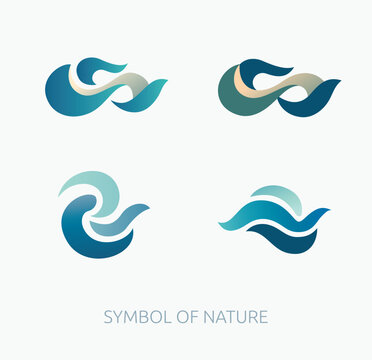 Minimalistic symbols resembling waves or a stream of air or wind. Generalized graphic symbols in vector format representing nature and its elements, emphasizing natural forms and shapes inspired by na
