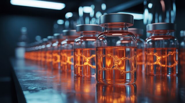 Line of vials with amber liquid and molecular structures in a laboratory
