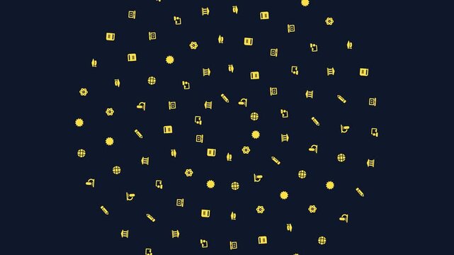 Vibrant yellow icons looping across dark background forming dynamic circular pattern, abstract looping background design in 4K