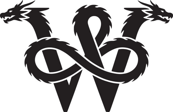 Symbolic intertwined two-headed dragon design with swords, dark fantasy emblem