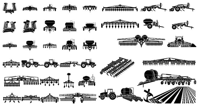 Harrows Tilling and Harrowing Agricultural Machinery Silhouette Icons,  A collection of solid black silhouette vector icons representing various harrows, tillers, and other agricultural tillage 