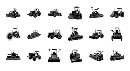 Obraz premium Black Silhouette Icons Set of Various Tractors and Farm Machinery, Numerous models of agricultural tractors, compact utility vehicles, and track-driven farm machines shown in various profiles. 