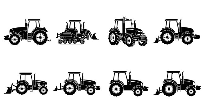Farm tractor silhouettes collection, black icons vector set, Various modern farm tractors and machinery, including tracked, front-loader, and backhoe configurations, isolated on a white background.