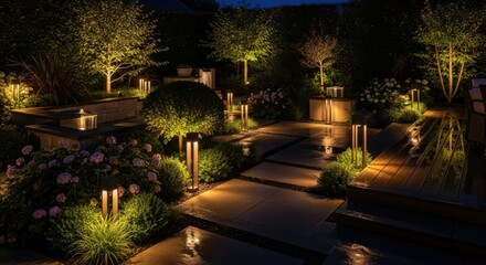 Obraz premium Beautifully illuminated garden pathway and landscaping with soft warm lighting creating a magical nighttime ambiance