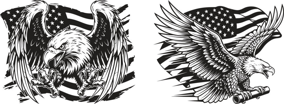 Dramatic black and white tattoo designs featuring american eagle and flag motifs ideal for sleeve or back piece