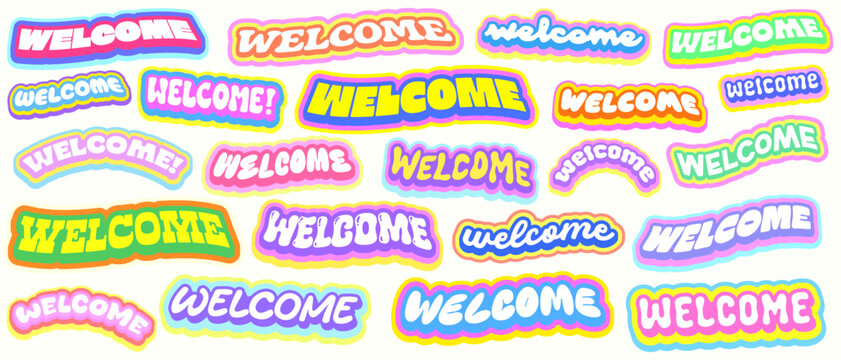 Welcome Stickers Collage Vector Set. Groovy Y2k Patches.