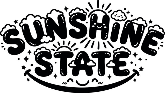 Black and white sunshine state lettering with sun clouds and smile