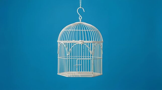 Hanging White Vintage Birdcage Against Blue Backdrop with Neutral Lighting Empty Open Decorative Bird Cage Object Simple Composition Freedom Metaphor