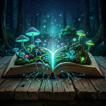 Glowing Open Book with Fantasy Nature and Mushrooms Illustration