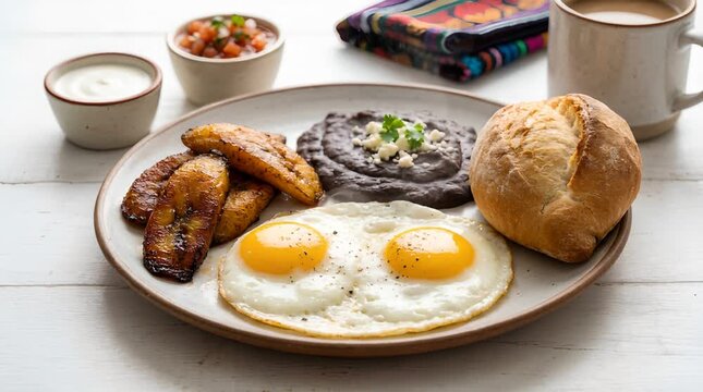 Hearty Breakfast Plate with Sunny Side Up Eggs Plantains Beans and Bread on White Wood Surface