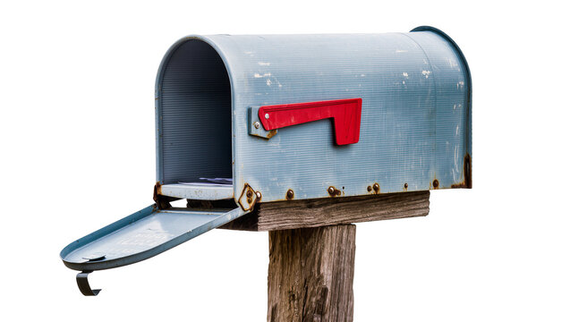 Isolated weathered blue rural mailbox with red flag open on rustic wooden post