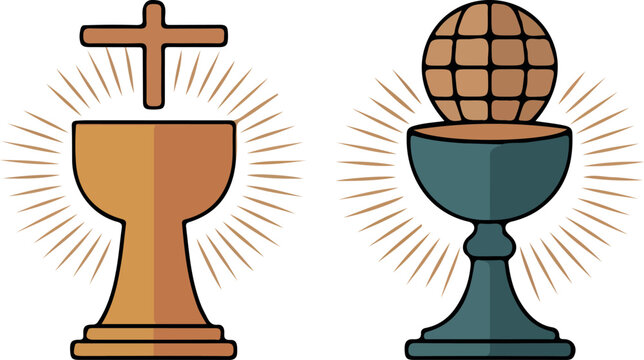 Christian chalice with cross and globe vector icons