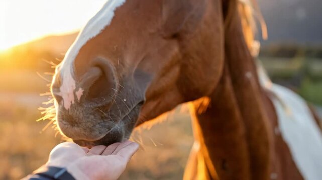 Close-up of a horse's muzzle being fed by a human hand at sunset