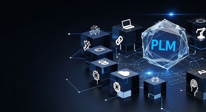 Product lifecycle management concept with plm text and icons representing different stages of the product lifecycle on a black background. Digital Connectivity for Smart Manufacturing and Industrial