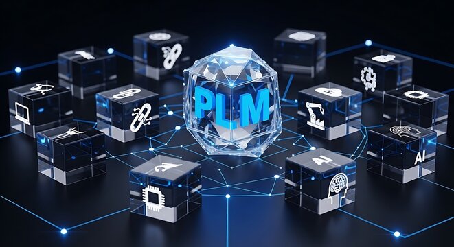 Product lifecycle management concept with plm text and icons representing different stages of the product lifecycle on a black background. Digital Connectivity for Smart Manufacturing and Industrial