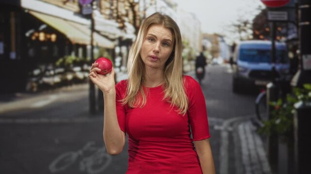 Blonde woman in a red top holding a pomegranate in her right hand while shrugging and rolling eyes on a street lined with cafes and a van; indifference doubt.