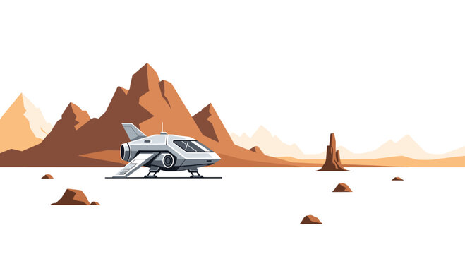 A compact grey and white spaceship rests on a vast, flat Martian plain with jagged mountains in the background.