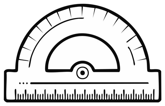 Black and white illustration of a protractor for measuring angles in mathematics.