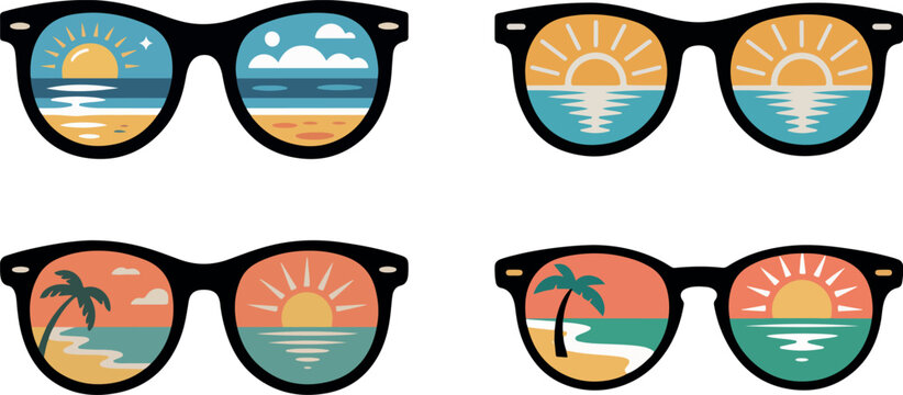 Four pairs of sunglasses reflecting summer beach scenes