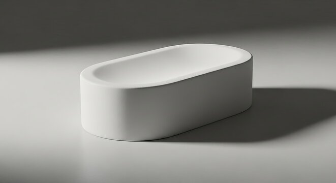A sleek white object sits on a surface with a shadow cast to the right.