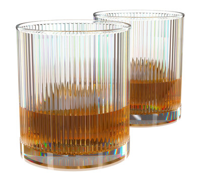 Close-up of ribbed whiskey glasses. 3d illustration transparent background	