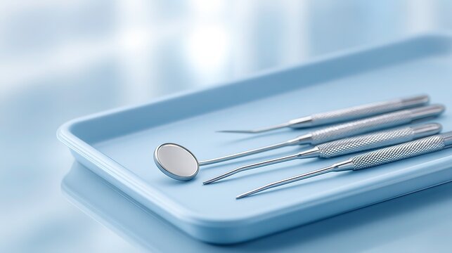 Dental Mirror and Professional Instruments on Blue Sterilization Tray, Polished Metallic Texture Overhead Shot, Soft Clinical Lighting Sharp Details, Medical Still Life
