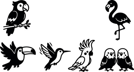 Obraz premium Various birds including parrot toucan and flamingo