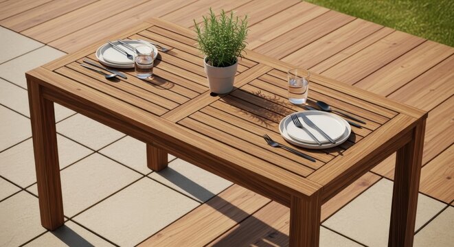Elegant wooden outdoor dining table set with place settings and a potted herb plant on a tiled patio