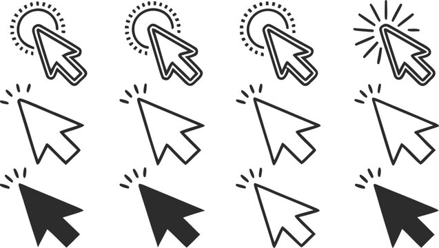 Set of cursor icons click and hand cursor icons click isolated on background. A clean minimalist black and white vector icon set featuring multiple computer mouse cursor symbols and hand click pointer