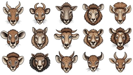 Fototapeta premium Stylized Collection of Diverse Mammal Head Illustrations with Horns and Antlers, Featuring Various Farm and Wild Animal Portraits for Graphic Design