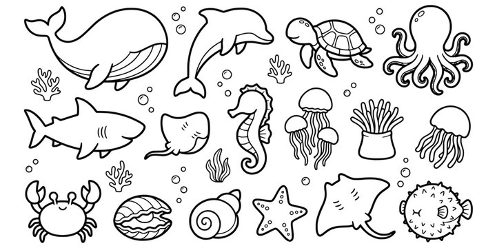 Kids sea animals coloring page faceless outline set