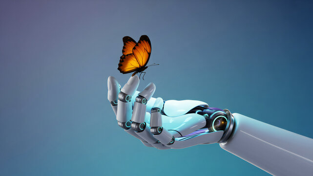Robotic hand holding vibrant orange butterfly isolated on transparent background