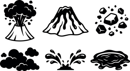 Fototapeta premium Black and white volcanic eruption smoke lava rocks splashes vector art