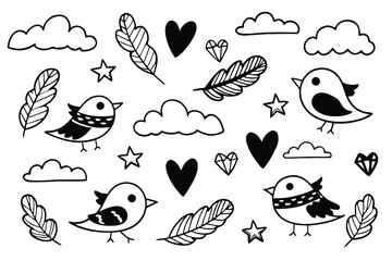 Fototapeta premium Whimsical black and white doodles of birds clouds feathers and hearts