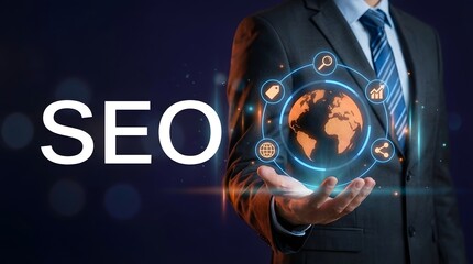 Businessman Holding Virtual SEO Icon – Website Performance Analysis and Search Ranking Concept