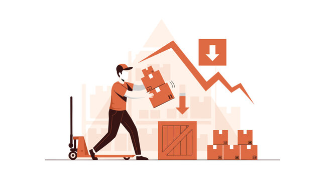 A diligent warehouse employee carefully stacks cardboard boxes onto a wooden crate while a prominent downward arrow indicates a decrease in inventory.
