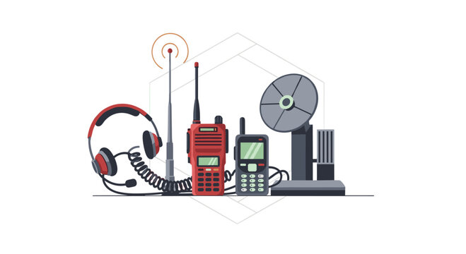 A comprehensive collection of pixelated telecommunication devices including a red handheld radio and a satellite dish rests against a clean white backdrop.