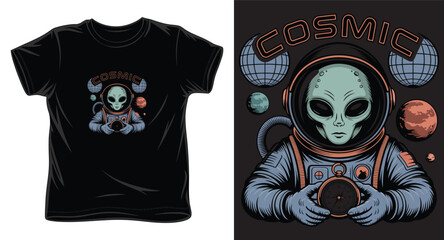 Fototapeta premium Retro cosmic alien astronaut with planets and arch text typography t-shirt vector art