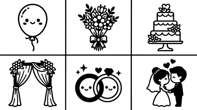 Cute black and white wedding ring couple cake balloon bouquet arch line art vector