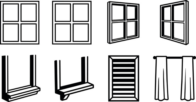 Window frames shutters curtains set