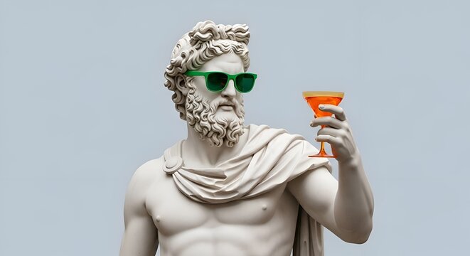 Marble statue of a muscular bearded man wearing green sunglasses and holding an orange cocktail