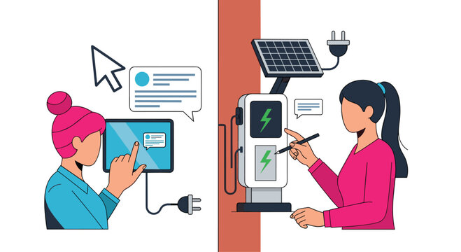 A creative professional uses a digital tablet while another woman interacts with a modern solar-powered electric vehicle charging station in a split-screen view.