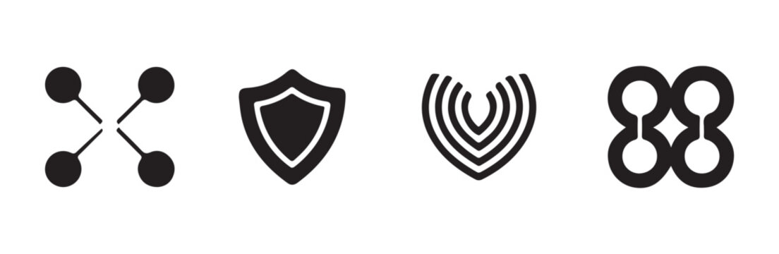 Shield and abstract heart shape icons with node connections and linked circle logo designs