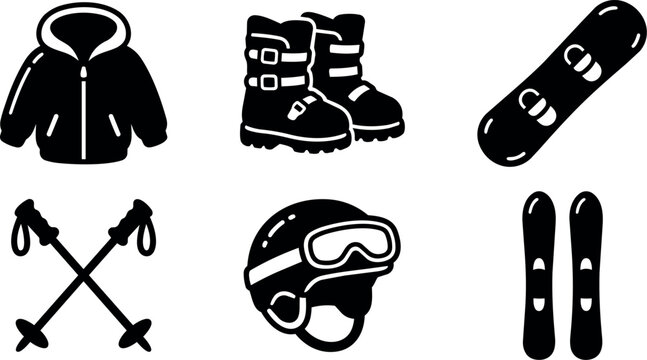 Black and white ski helmet jacket boots snowboard and poles vector art