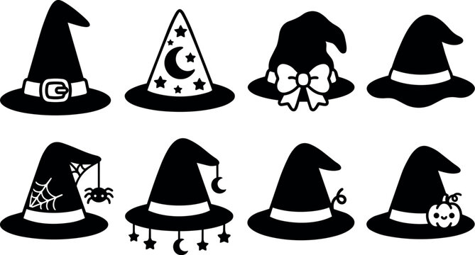 Black silhouette witch hats with stars spider and pumpkin halloween icons